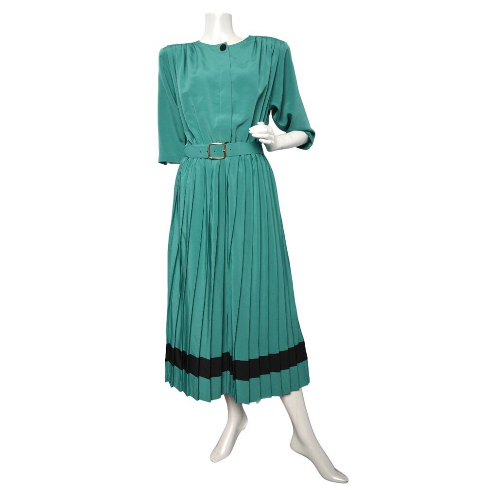 Vintage Joseph Ribkoff Green Pleated Midi Dress 80s Secretary Shoulder Pads - Picture 2 of 13